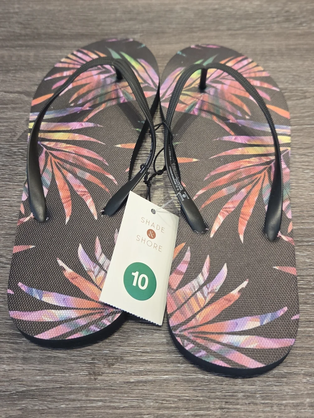 Shade & Shore Thong Flip Flop Sandals Women's Size 10 Black/Pink Tropical NWT